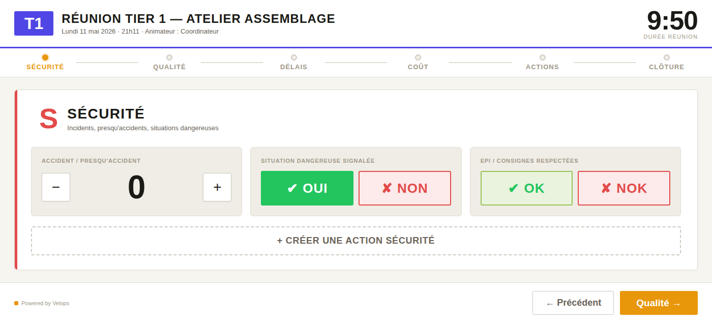 Réunion TIER 1 — interface de saisie SQDC guidée sur tablette